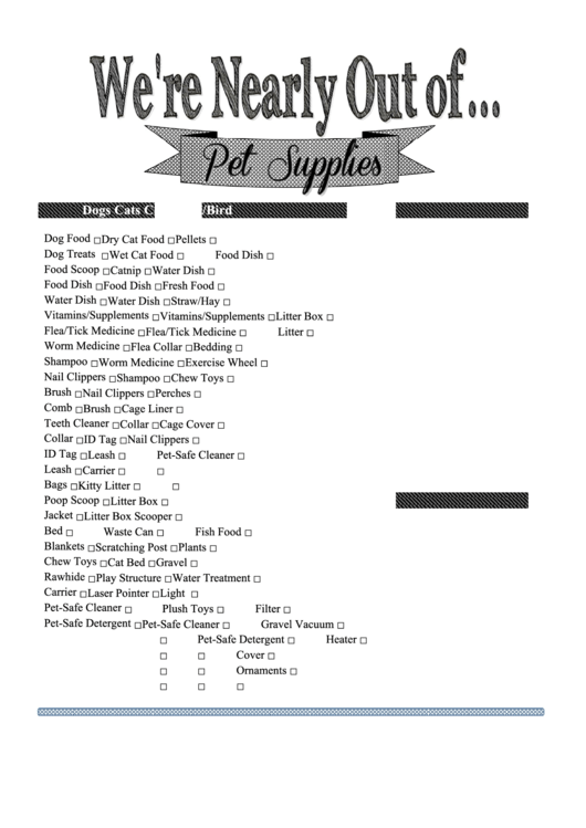 Grocery List Template: Nearly Out Of Pet Supplies Printable pdf