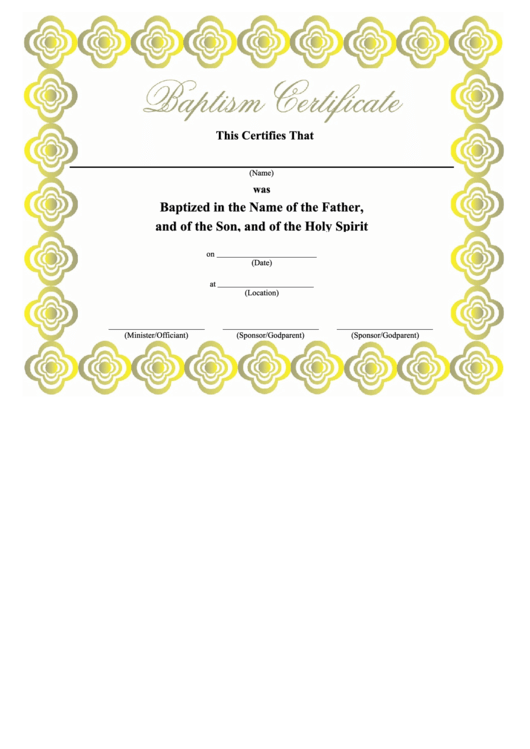 Baptism Certificate Template - Yellow Border Printable pdf