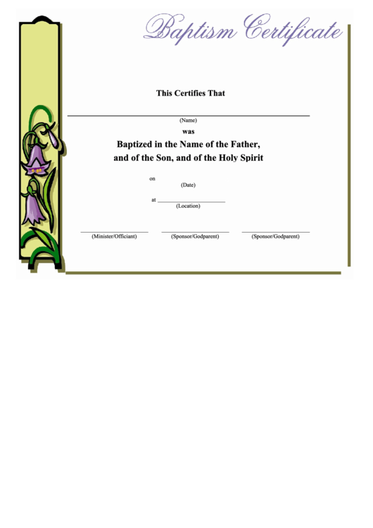 Baptism Certificate Template - Flower Bell Printable pdf