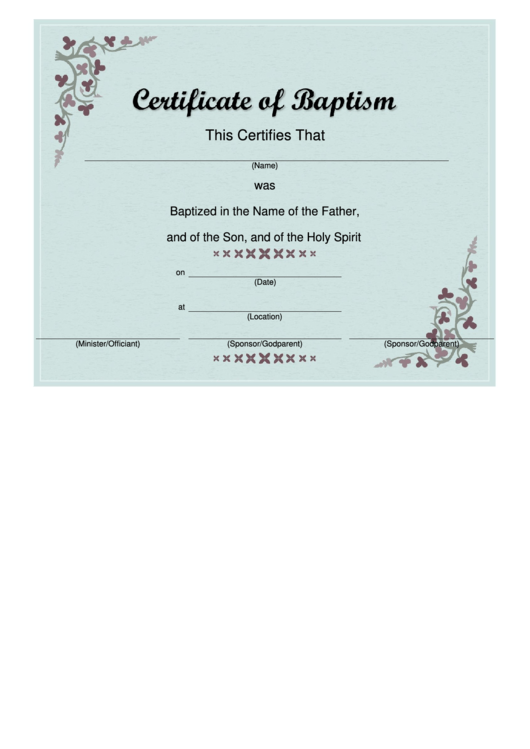 Baptism Certificate Template - Flowers Printable pdf