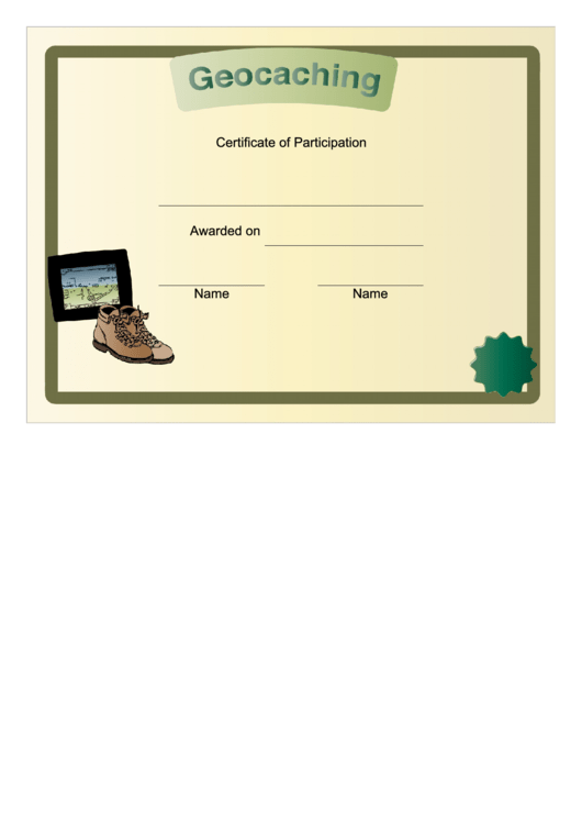 Geocaching Participation Certificate Template Printable pdf