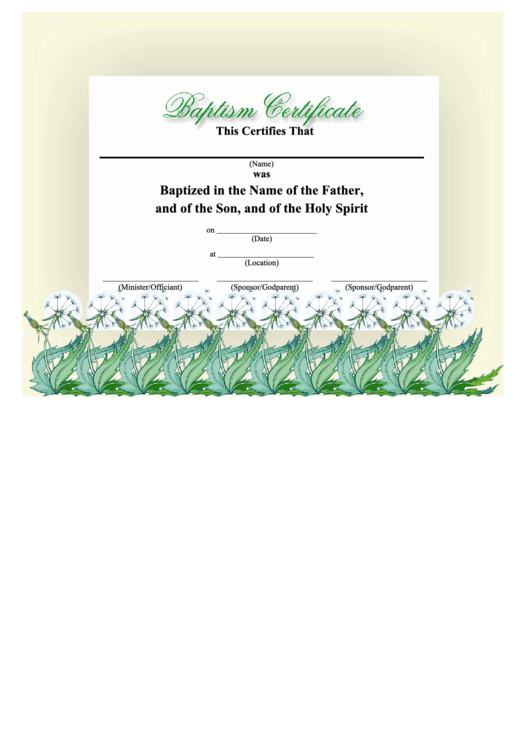 Baptism Certificate Template - Dandelion Printable pdf