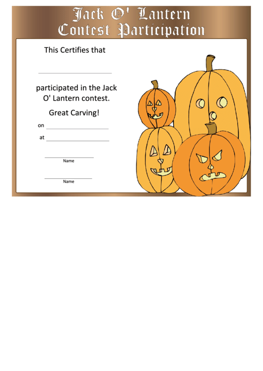Jack-O-Lantern Contest Participation Certificate Template Printable pdf