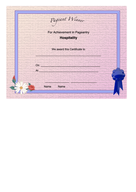 Pageant Hospitality Achievement Certificate