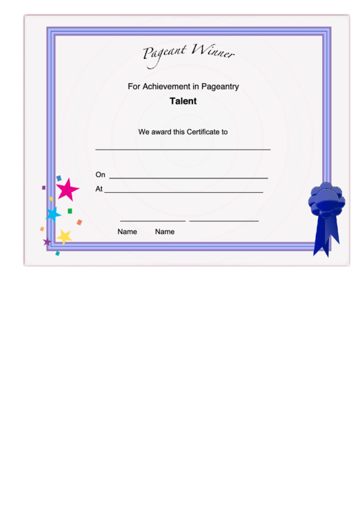 Pageant Talent Achievement Certificate Printable pdf