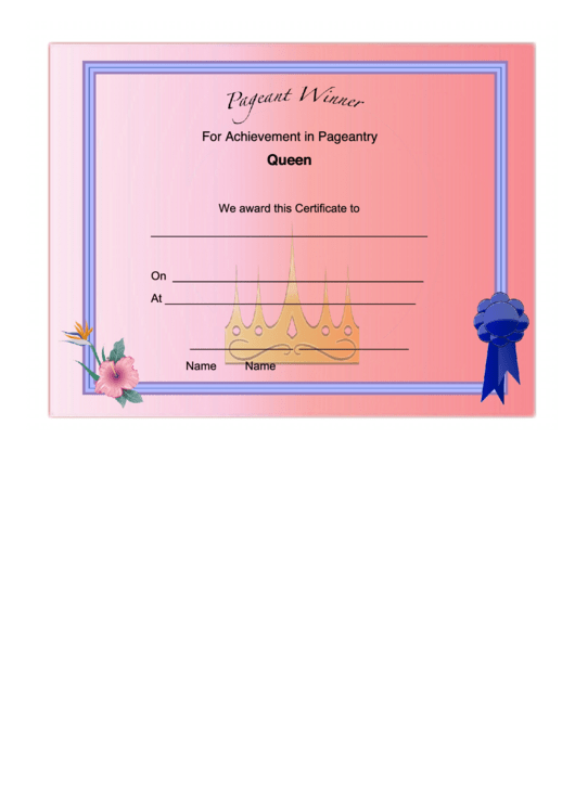 Pageant Queen Achievement Certificate Printable pdf