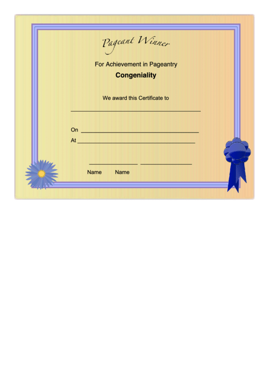 Pageant Congeniality Achievement Certificate Printable pdf