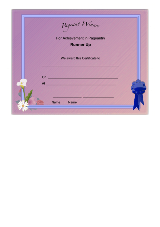 Pageant Runner Up Achievement Certificate Printable pdf