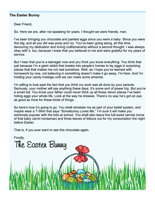 Easter Bunny Letter Template - Teenager Printable pdf