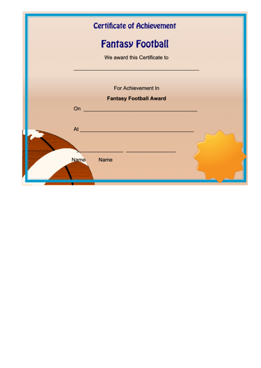 Fantasy Football Achievement Certificate Printable pdf