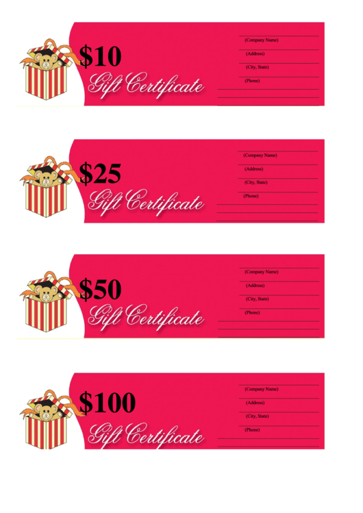 10, 25, 50 & 100 Dollar Gift Certificate Template - Teddy Bear Printable pdf