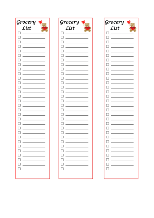 3 Blank Grocery List Templates - Teddy Bear Printable pdf