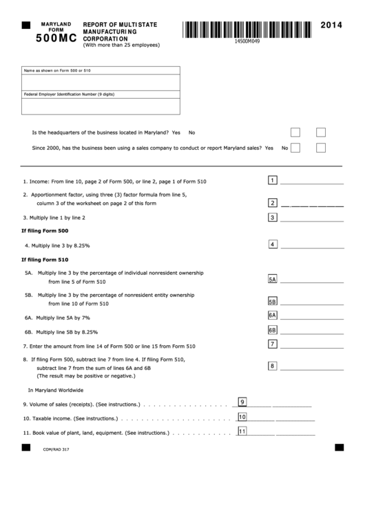 Form 500mc - Report Of Multistate Manufacturing Corporation - 2014 Printable pdf