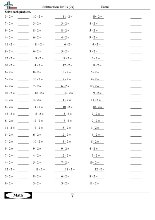 Subtraction Drills (2s) - Subtraction Worksheet With Answers Printable pdf