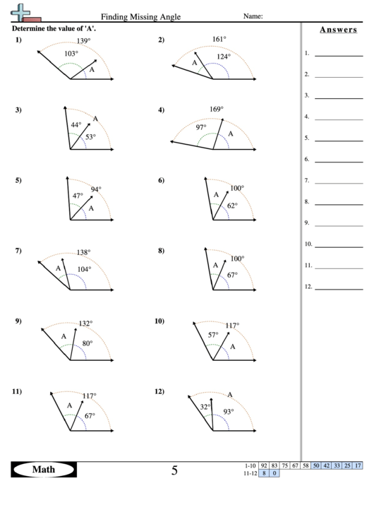 Finding Missing Angle - Geometry Worksheet With Answers Printable pdf
