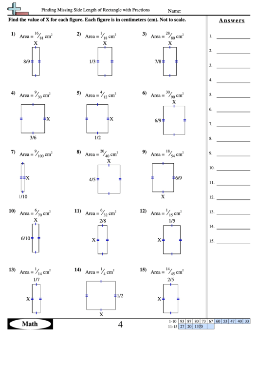 Finding Missing Side Length To Rectangle With Fractions - Geometry Worksheet With Answers Printable pdf
