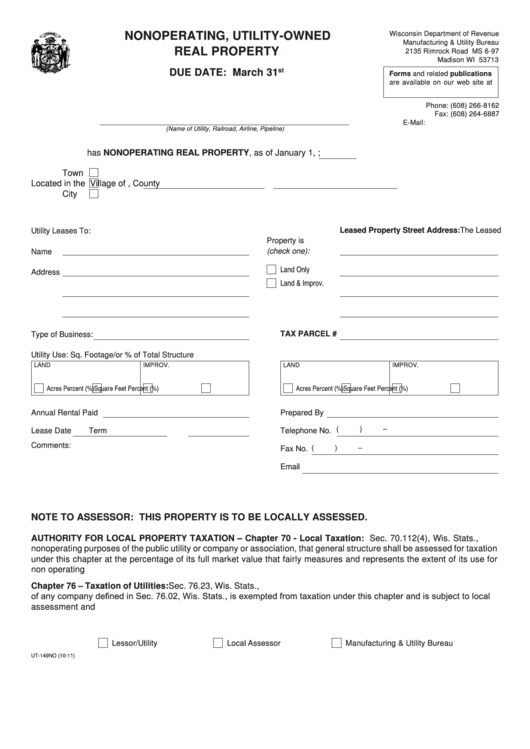 Form Ut-149no - Nonoperating, Utility-Owned Real Property - Wisconsin Department Of Revenue Printable pdf