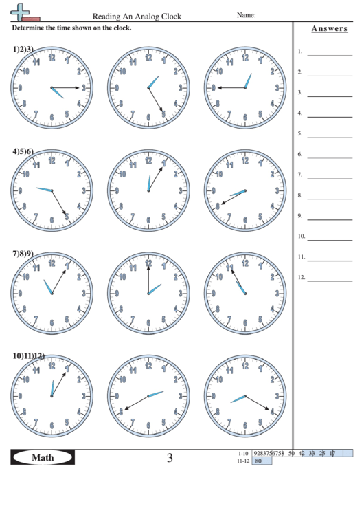 Reading An Analog Clock - Math Worksheet With Answers Printable pdf