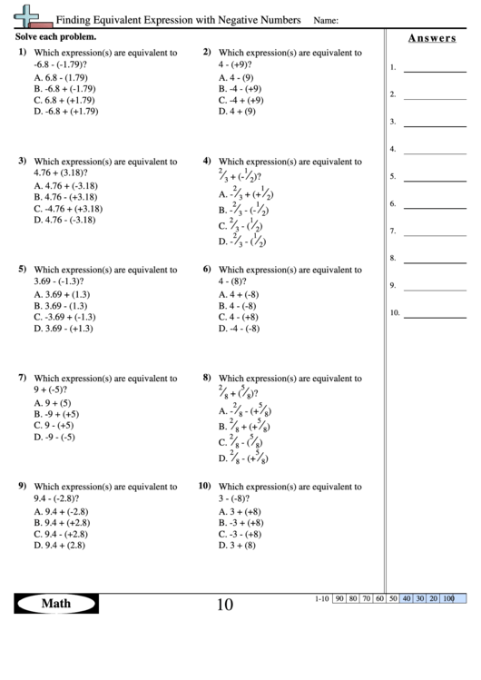 Finding Equivalent Expression With Negative Numbers - Math Worksheet With Answers Printable pdf