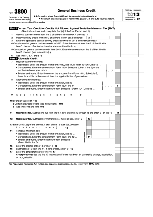 Fillable Form 3800 - General Business Credit - 2013 Printable pdf