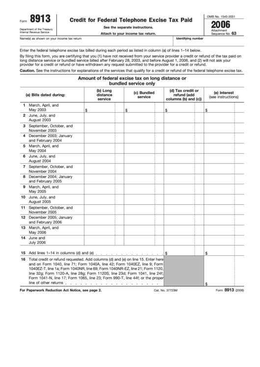 Fillable Form 8913 - Credit For Federal Telephone Excise Tax Paid - 2006 Printable pdf