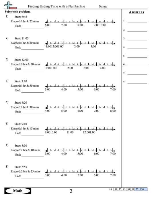 Finding Ending Time With A Numberline - Math Worksheet With Answers ...
