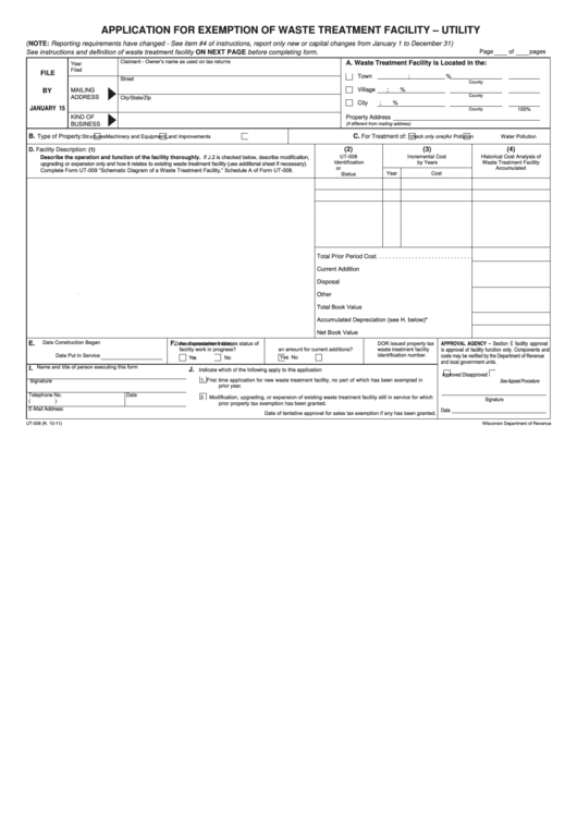 Form Ut-008 - Application For Exemption Of Waste Treatment Facility - Utility Printable pdf