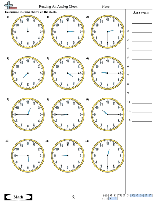 Reading An Analog Clock - Measurement Worksheet With Answers Printable pdf