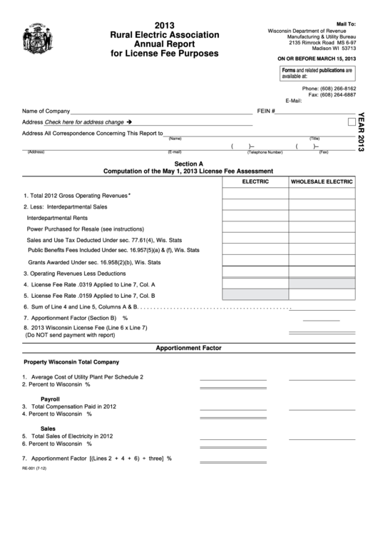 Form Re-001 - Rural Electric Association Annual Report For License Fee Purposes - 2013 Printable pdf