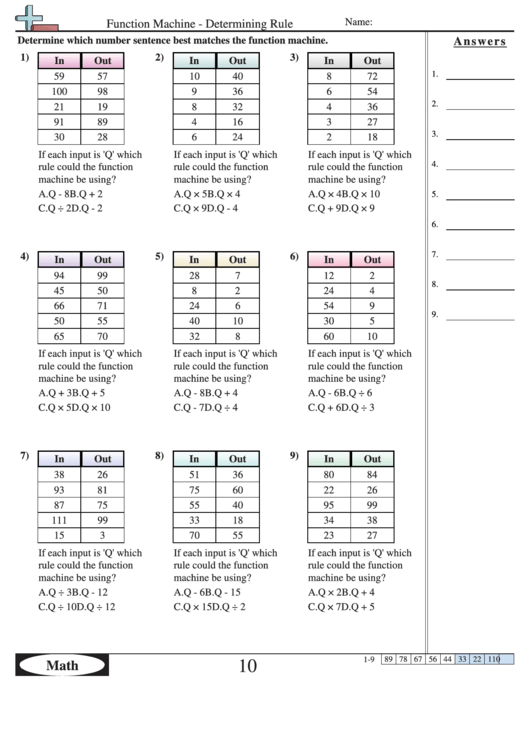Function Machine - Determining Rule - Function Worksheet With Answers Printable pdf