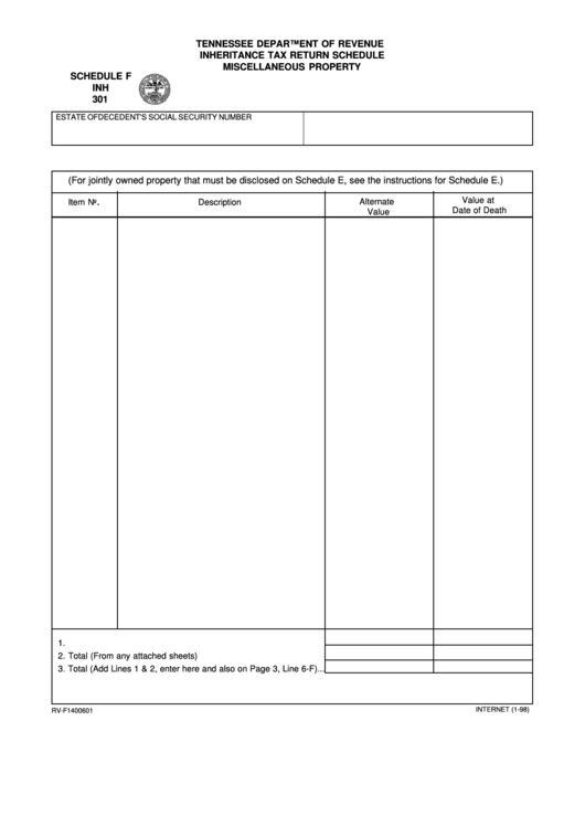 Fillable Schedule F Form Inh 301 - Inheritance Tax Return Schedule Miscellaneous Property Printable pdf