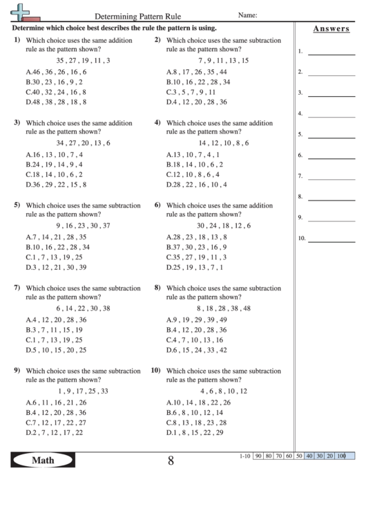 Determining Pattern Rule - Pattern Worksheet With Answers Printable pdf