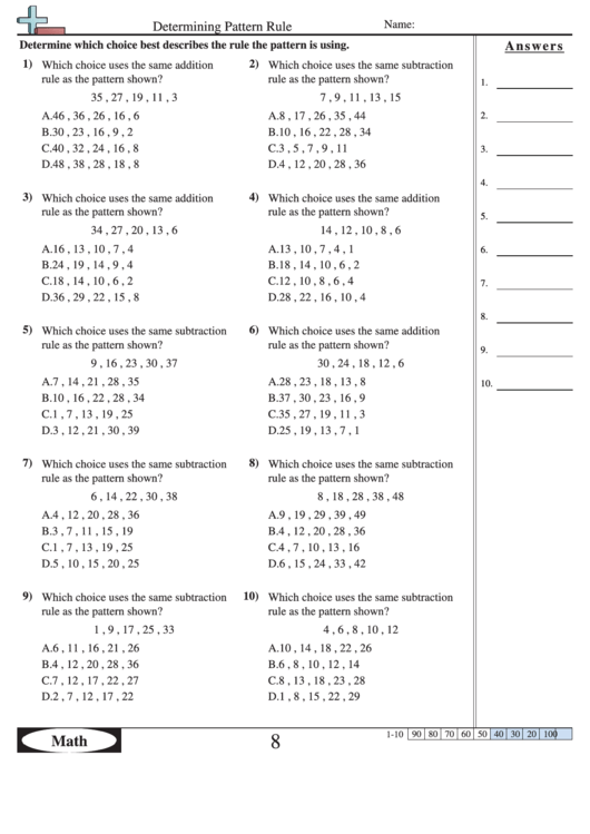 Determining Pattern Rule Pattern Worksheet With Answers Printable Pdf