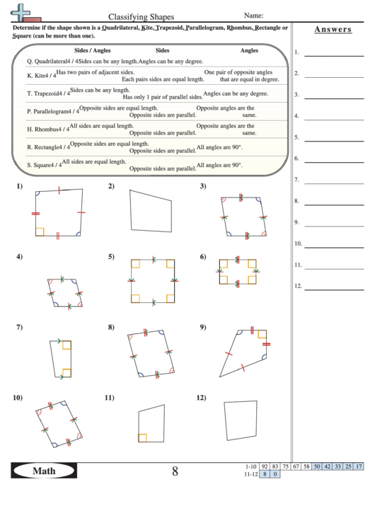 Classifying Shapes - Geometry Worksheet With Answers Printable pdf