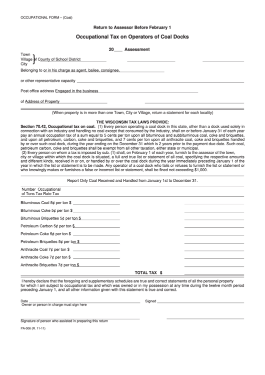 Fillable Form Pa-006 - Occupational Tax On Operators Of Coal Docks Printable pdf