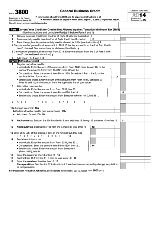Fillable Form 3800 - General Business Credit - 2014 Printable pdf
