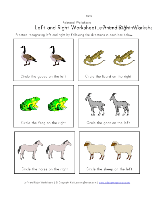Left And Right Worksheet - Animals Printable pdf