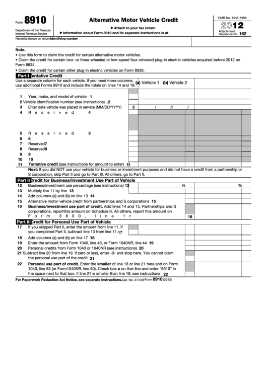 Fillable Form 8910 - Alternative Motor Vehicle Credit - 2012 Printable pdf