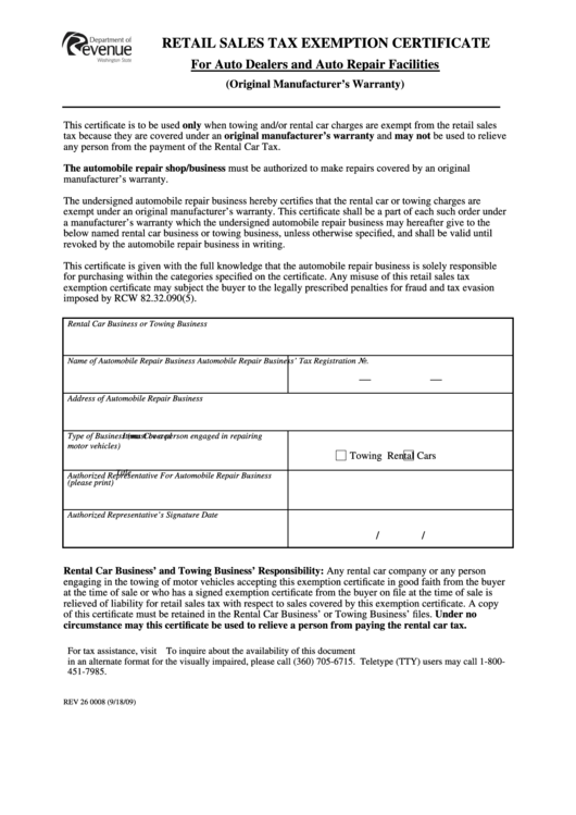 Form Rev 26 - 0008 Retail Sales Tax Exemption Certificate Printable pdf