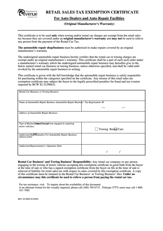 Form Rev 26 0008 Retail Sales Tax Exemption Certificate Printable Pdf