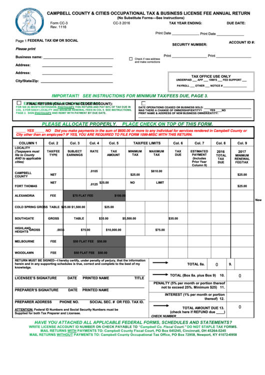 Fillable Form Cc-3 - Campbell County & Cities Occupational Tax & Business License Fee Annual Return - 2016 Printable pdf