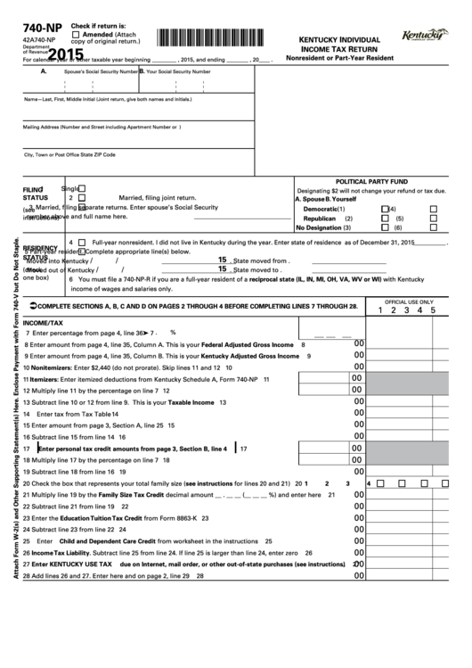 Form 740-Np - Kentucky Individual Incometax Return - 2015 Printable pdf