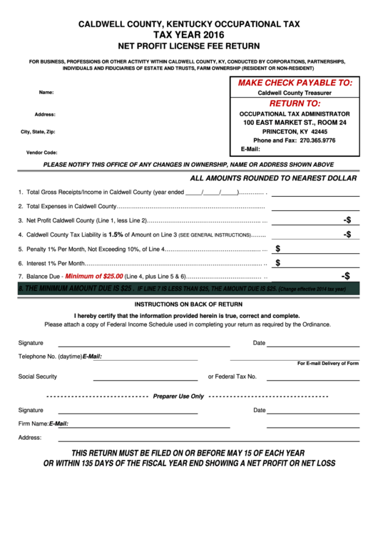 Net Profit License Fee Return Form - Caldwell County - 2016 Printable pdf
