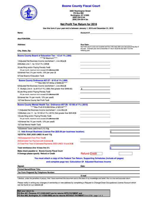 Form 0706 - Net Profit Tax Return - Boone County Fiscal Court - 2016
