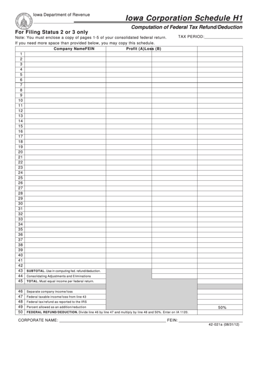 Form 42-021b - Iowa Corporation Schedule H1 Printable pdf
