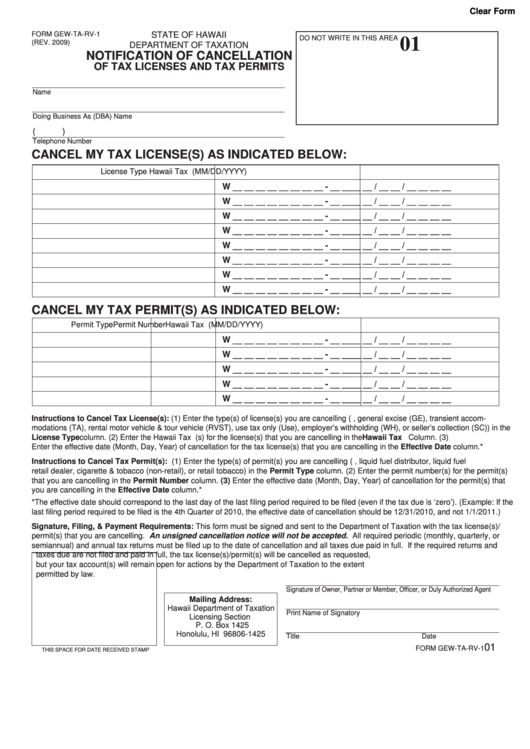Form Gew-ta-rv-1 - Notification Of Cancellation Of Tax Licenses And Tax Permits