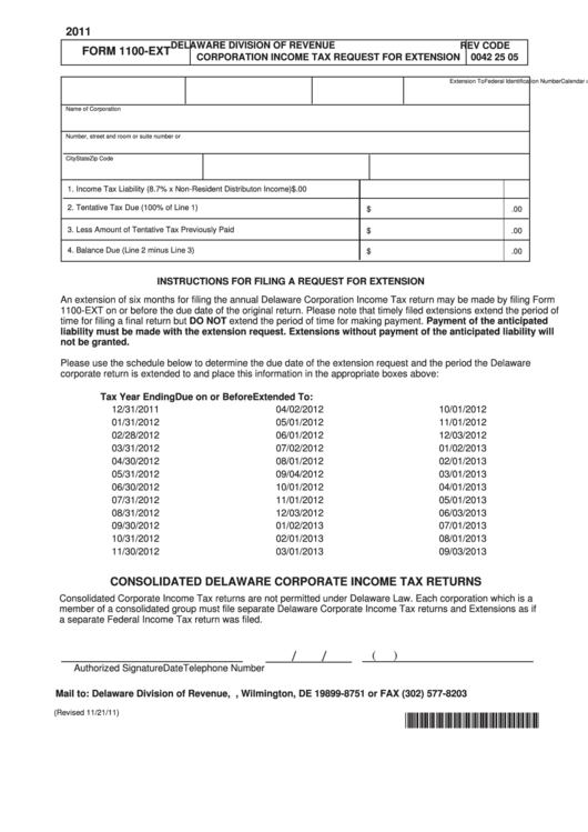 Fillable Form 1100-Ext - Corporation Income Tax Request For Extension - 2011 Printable pdf