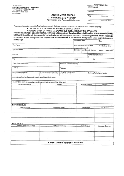 Form Dr 6590 - Agreement To Pay - Individual & Sole Proprietor Application And Financial Statement Printable pdf
