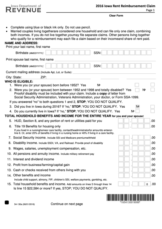 Fillable Form 54-130a - Iowa Rent Reimbursement Claim - 2016 Printable pdf
