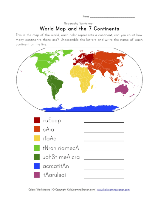 World Map And The 7 Continents Geography Worksheet Printable Pdf Download